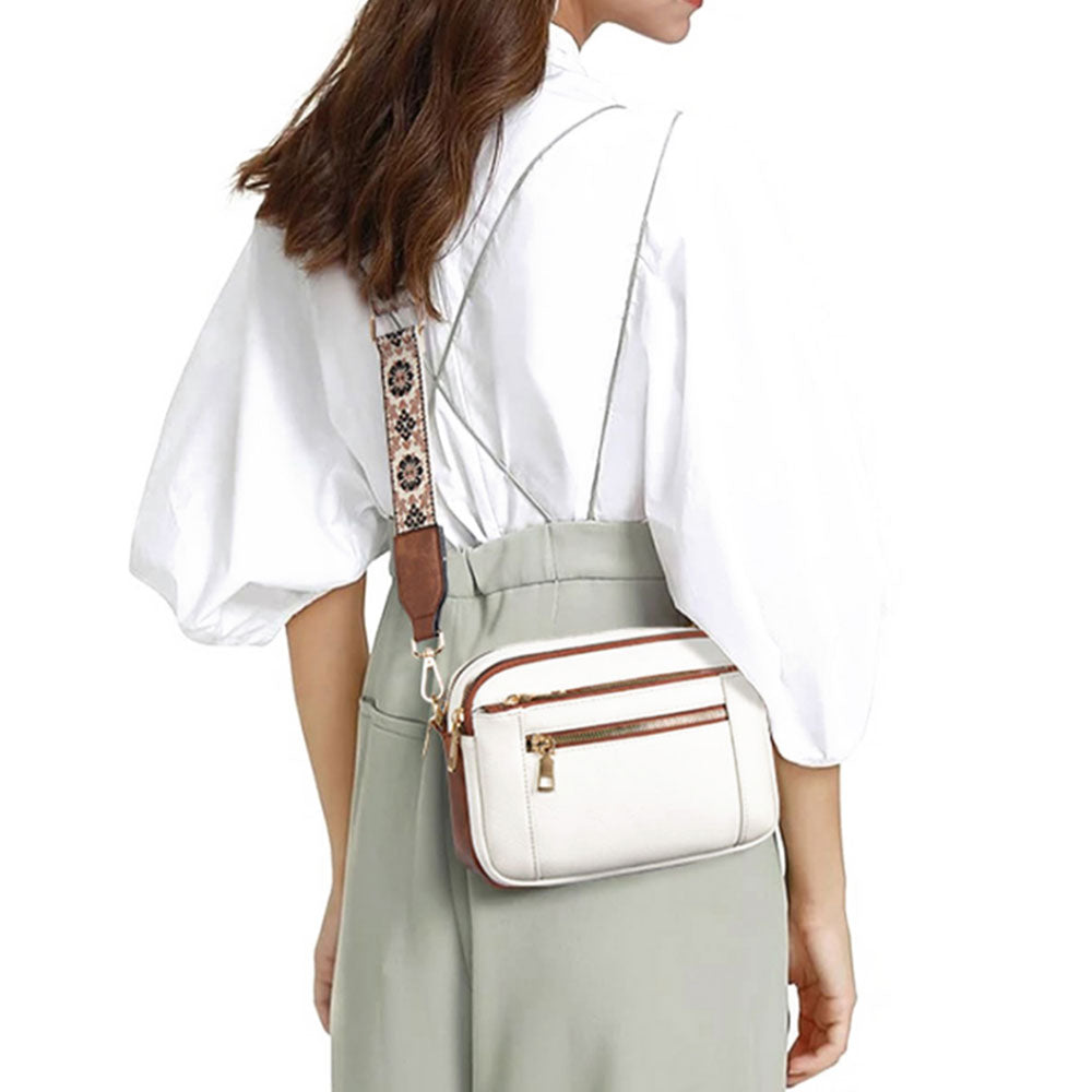 Color-Block Small Crossbody Bags for Women PU Leather Shoulder Handbag Purse with Adjustable Wide Strap White