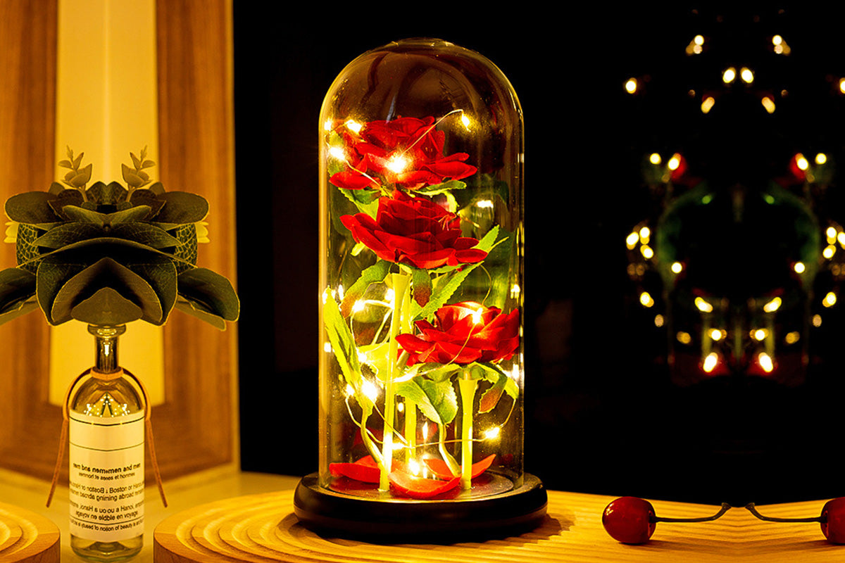 Three Rose in Glass Dome Eternal Flower LED Valentine's Day Wedding Decor with LED Light