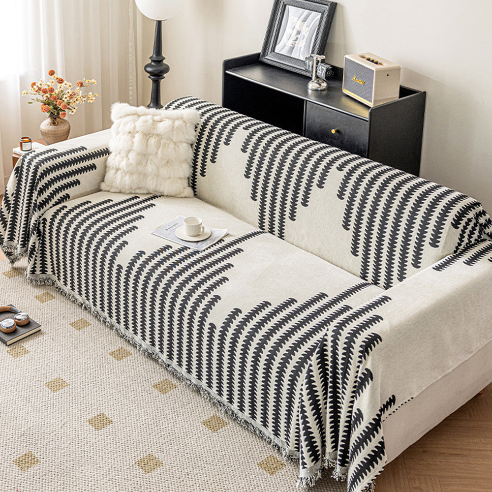 Reversible Sofa Couch Cover Boho Chenille Blanket Black