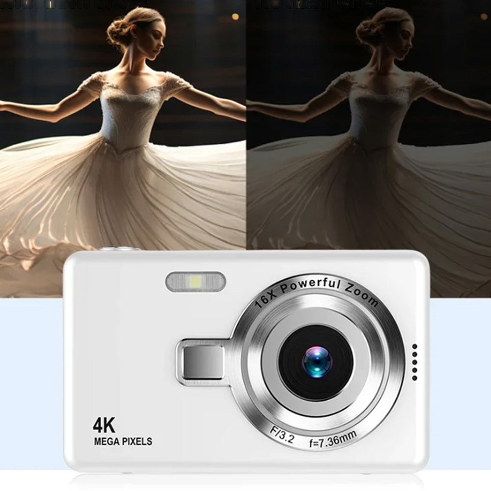 4K HD 1080P Digital Camera Retro Video Camera for Kids Beginners with 32GB TF Card White