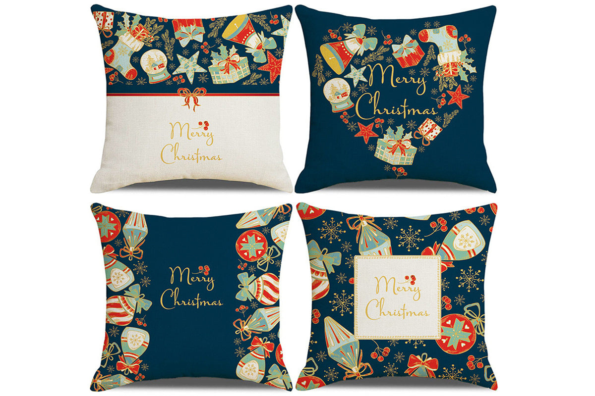 4pcs Christmas Pillowcase Xmas Throw Pillow Case Linen Blended Merry Christmas Cushion Cover Pillow Case Home Decorative-Each of Style