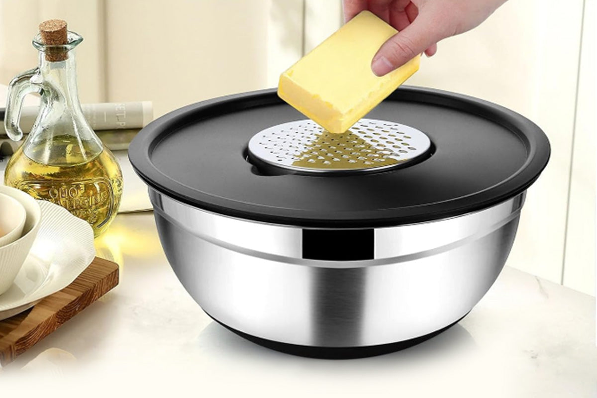 6Pcs Mixing Bowls with 3 Grater Attachments Stainless Steel Kitchen Stackable Bowls