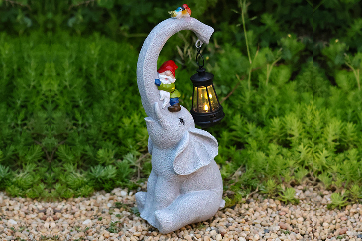 Solar Lights Garden Elephant Statue Outdoor Decor with Garden Gnome and Solar Lantern Outside Patio