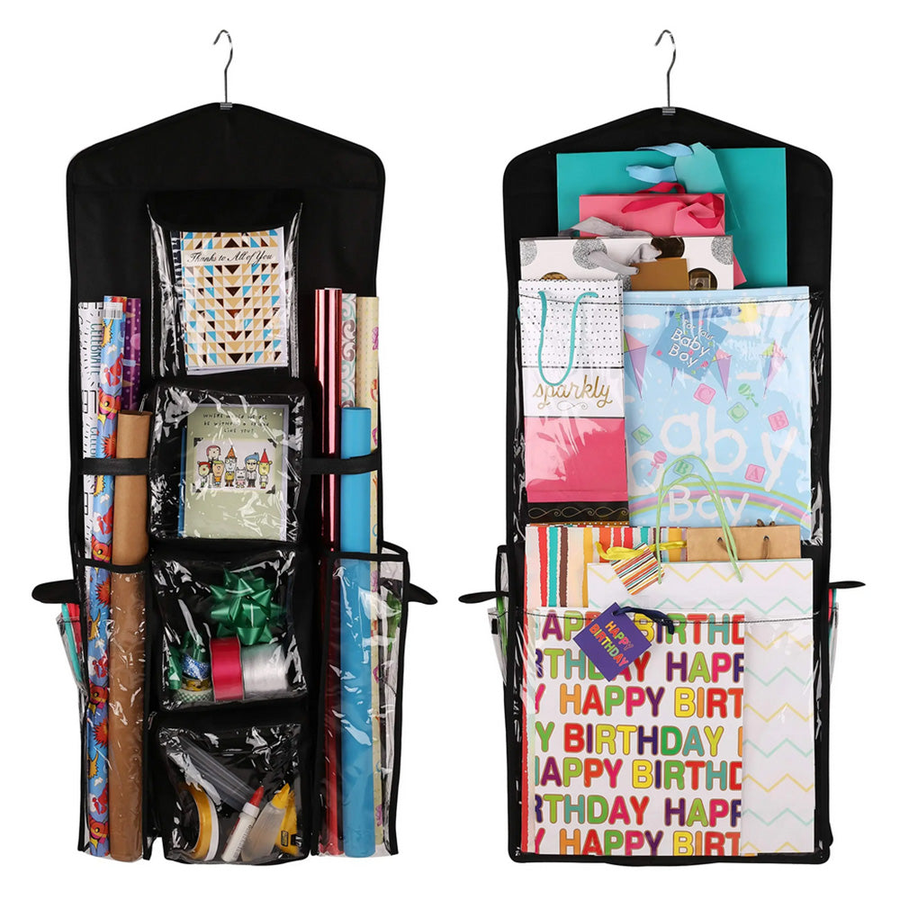 Hanging Wrapping Paper Storage Bag Double-Sided Gift Wrap Organizer Holder Black