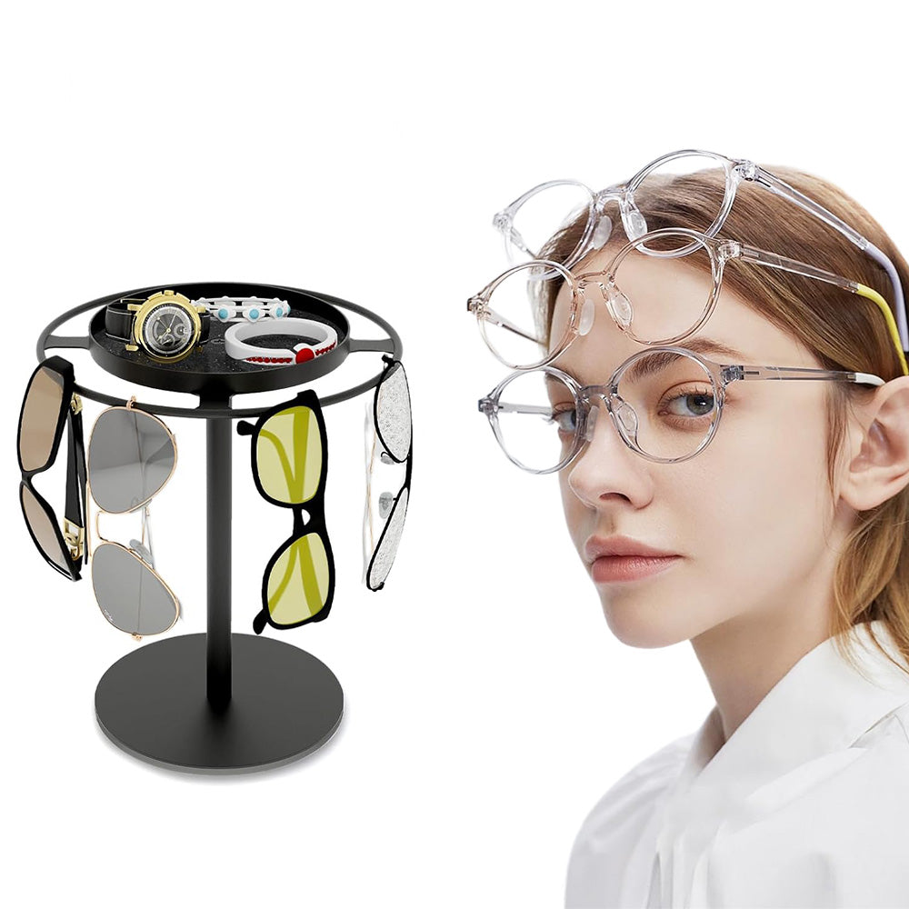 Metal Glasses Organizer Stand with Storage Tray Stylish Desk Organizer for Sunglasses Jewelry Black
