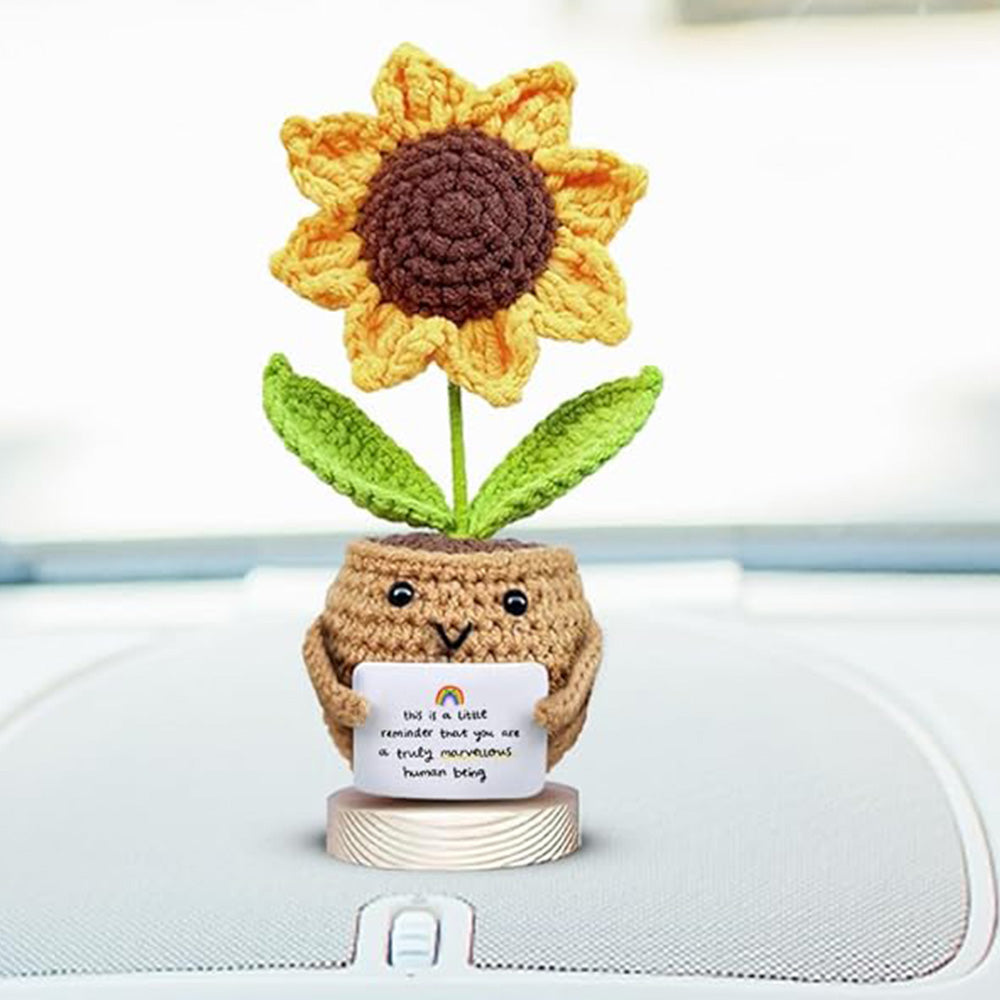 2Pcs Handcrafted Sunflower Doll Soft Acrylic Fabric Yarn Decor with Motivational Card