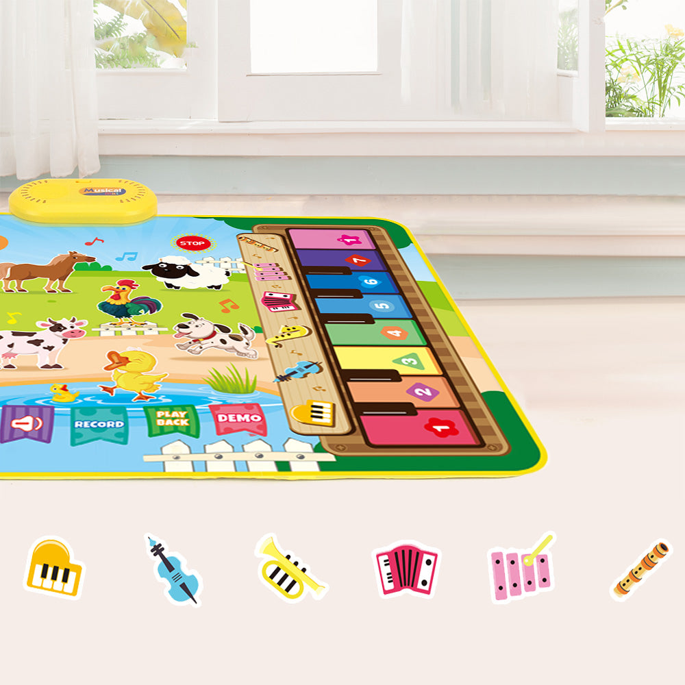 2-in-1 Piano Drum Mat Music Touch Music Mat Toys with 6 Instrument Sounds for Kids Green