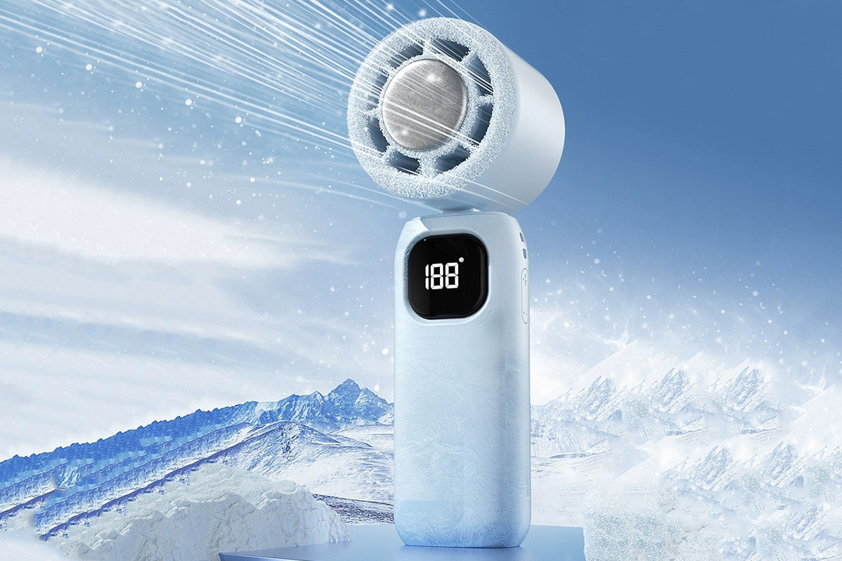 100 Speeds Digital Display Cooling Fan USB Fan with Lanyard and Phone Holder Base-Blue
