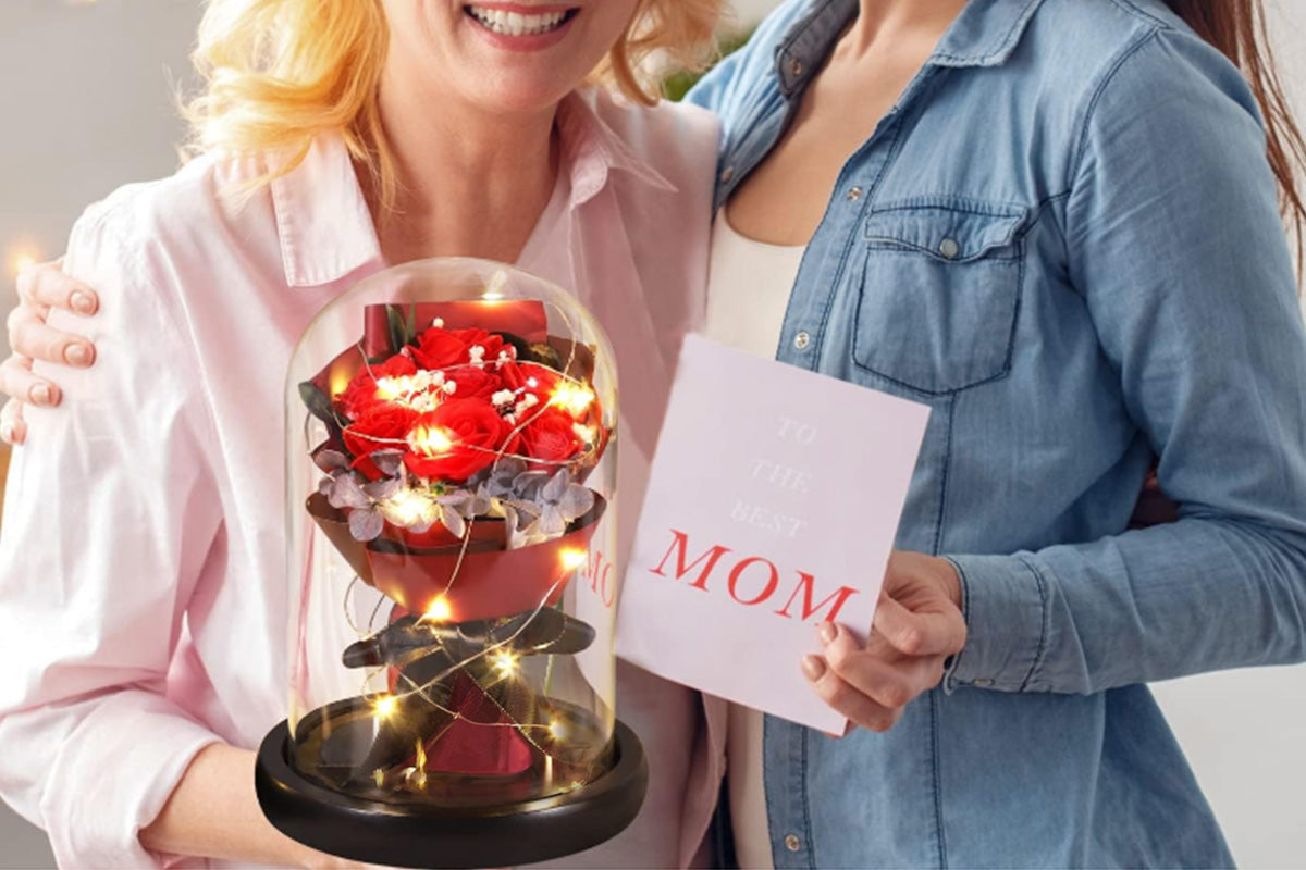 Rose in Glass Dome Handmade Preserved Flower Decoration Dome with Led LightsRed