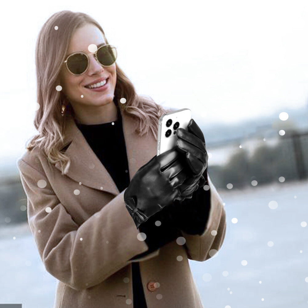 Pair of Women Winter Gloves Touch Screen Driving Warm PU Leather Gloves Style 1