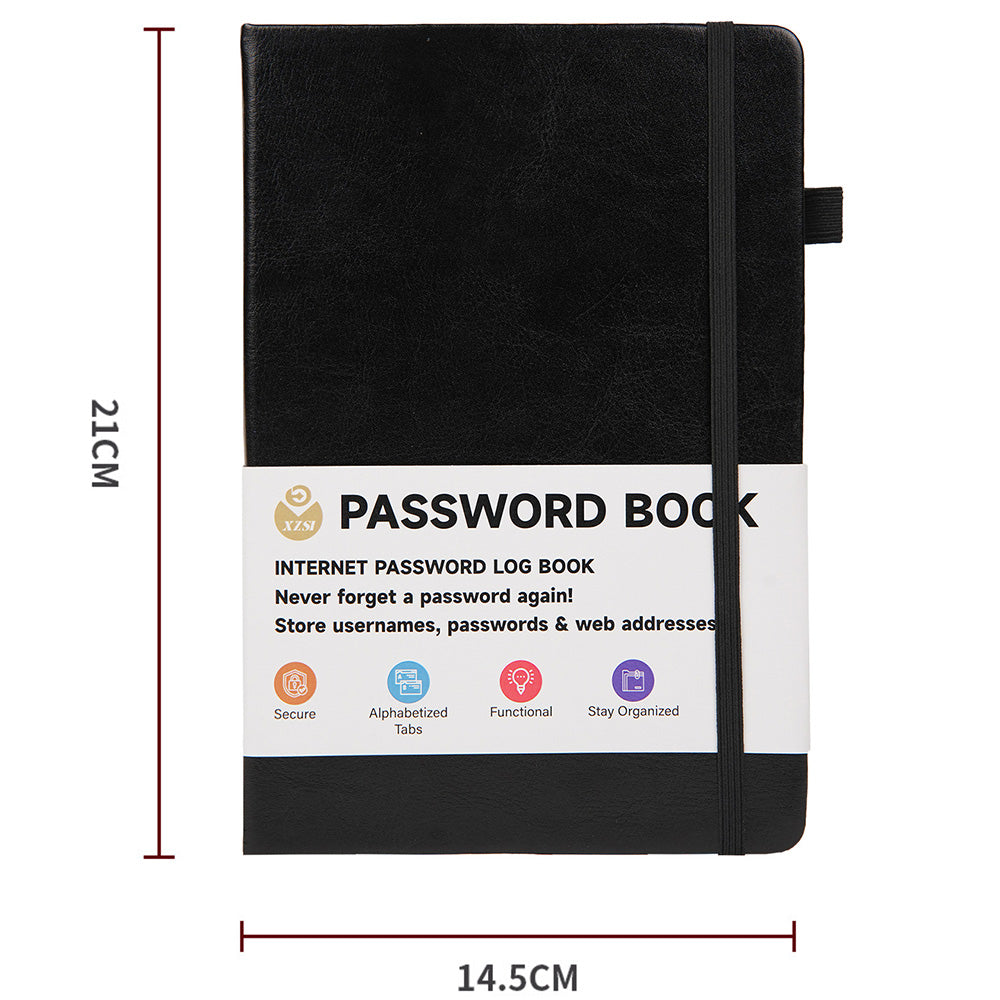 Password Keeper Book with A to Z Alphabet Tabs and Elastic Closure - Black