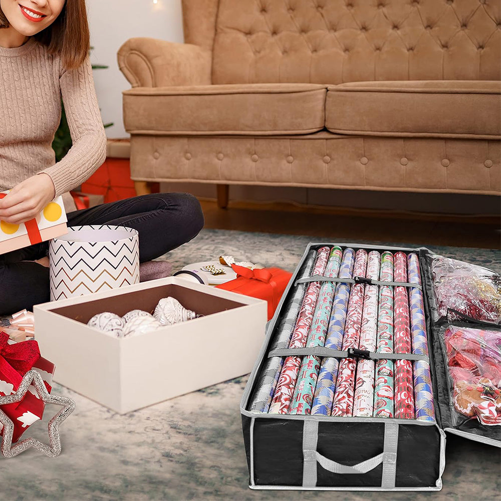 Large Capacity PE Gift Wrap Storage Bag with Zipper & Carry Handles Black