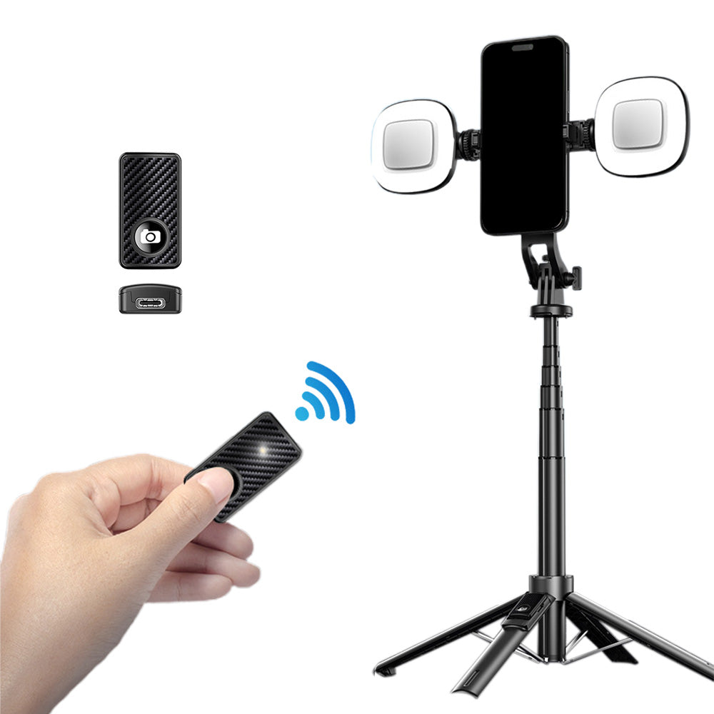 Portable Phone Tripod Stand Retractable Selfie Stick with Remote Control and Fill Light for Photograph Video Recording Black