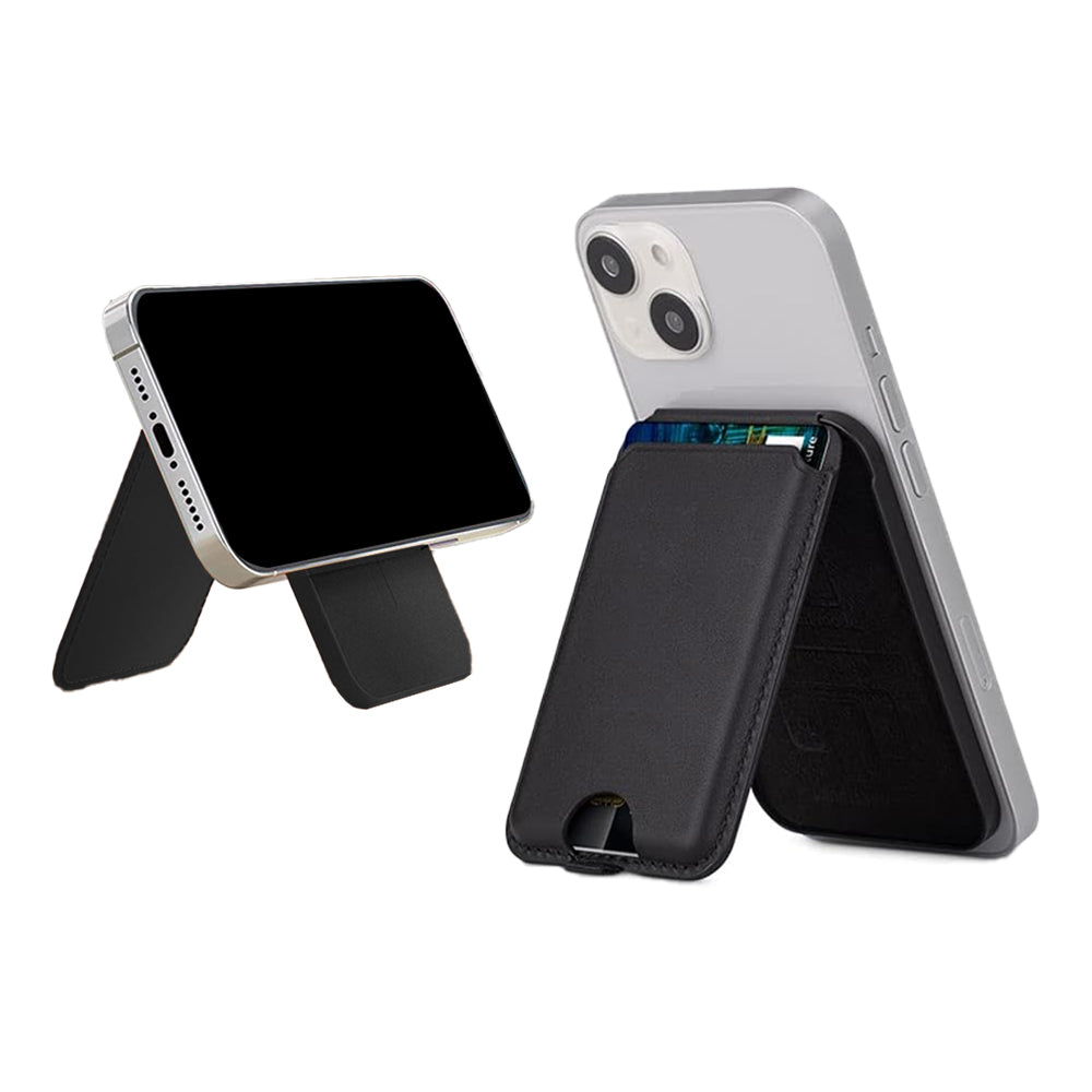 For iPhone Adjustable Magnetic Phone Stand PU Leather Wallet for iPhone 15/14/13 Series Black