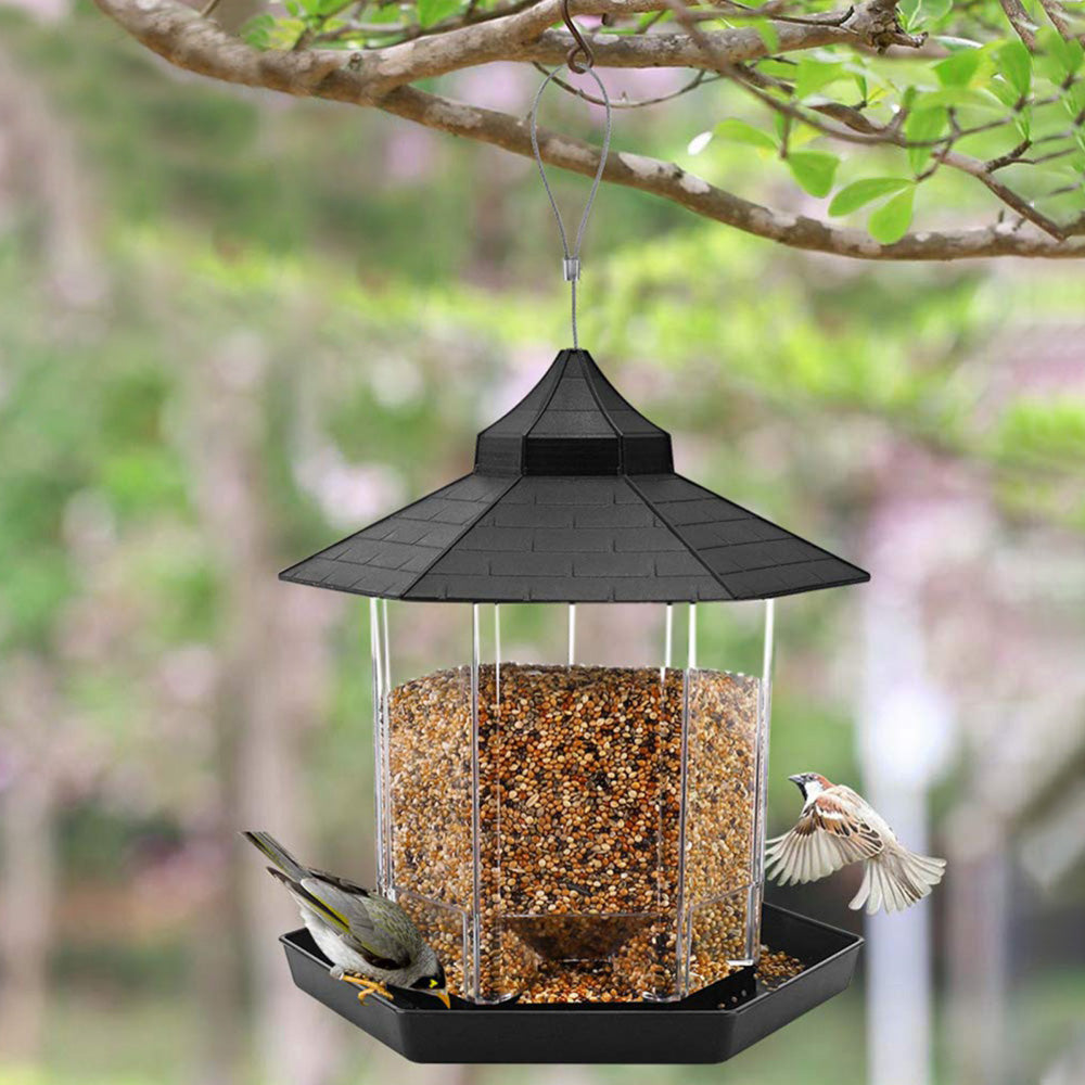 Outdoor Hanging Bird Feeder Gazebo Shape Seed Container Grey