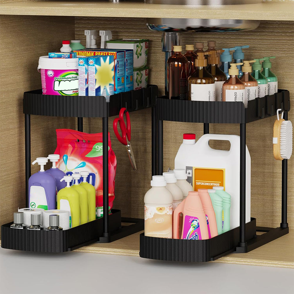 2Pcs Pull Out Storage Organizer Under Sink Shelf with 8 Hooks for Home Use