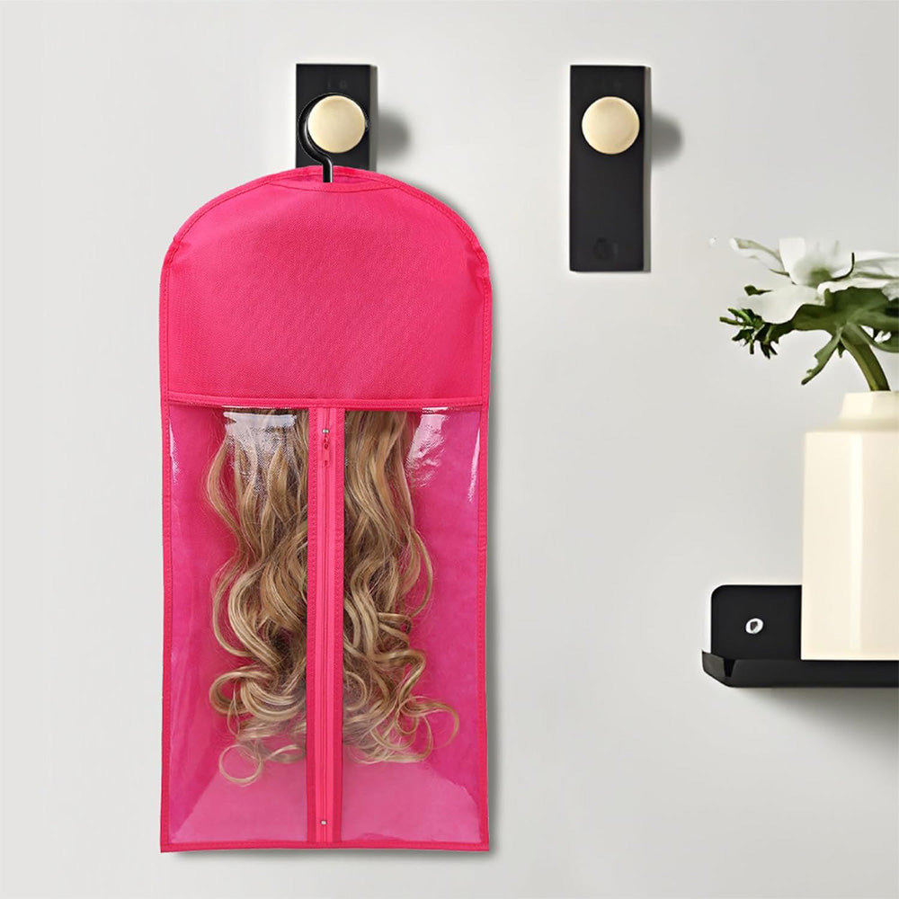 3Pcs Hair Extension Storage Bags with Hangers Dustproof Non-Woven Fake Hair Organizer Rose Red