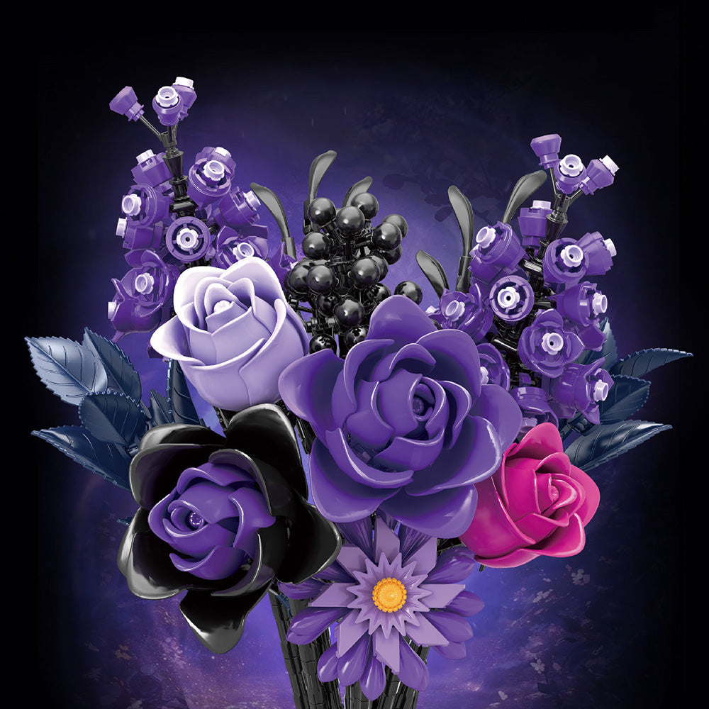 822PCS Purple Rose Bouquet Building Blocks DIY Assembly Set Birthday Gift