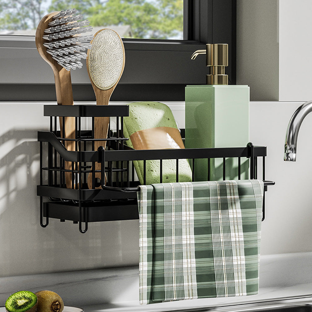 Wall Mount Sponge Rack Sink Caddy Organizer with High Brush Holder for Kitchen Essentials