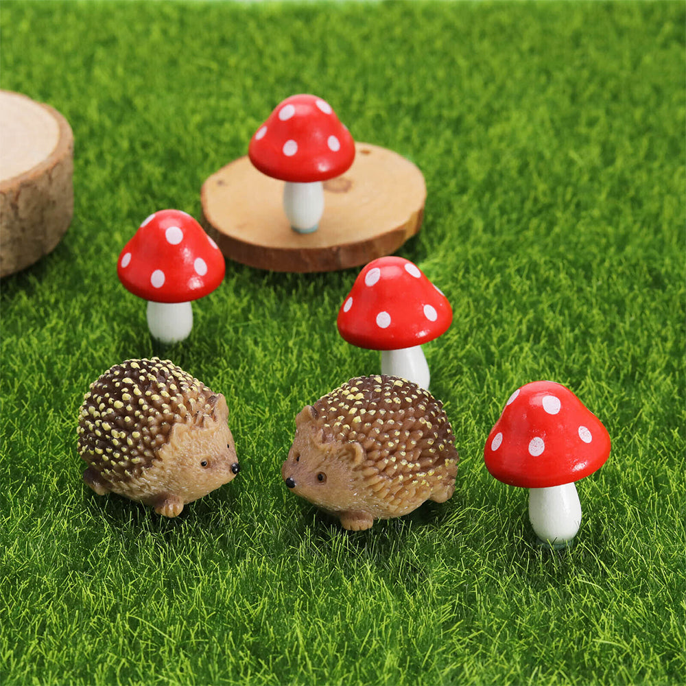 6Pcs Set Miniature Fairy Garden Decor Micro Resin Hedgehogs and Mushroom Sculpture Set