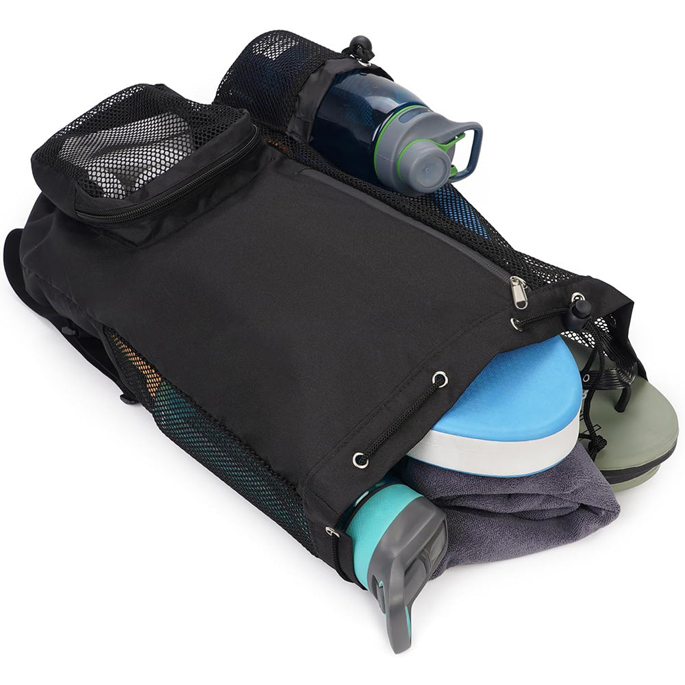 Drawstring Swim Bag Mesh Backpack with Wet Pocket for Swimming Gym Workout Black