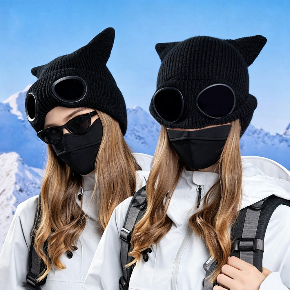 Double Layer Knit Winter Beanie with Goggles - Black