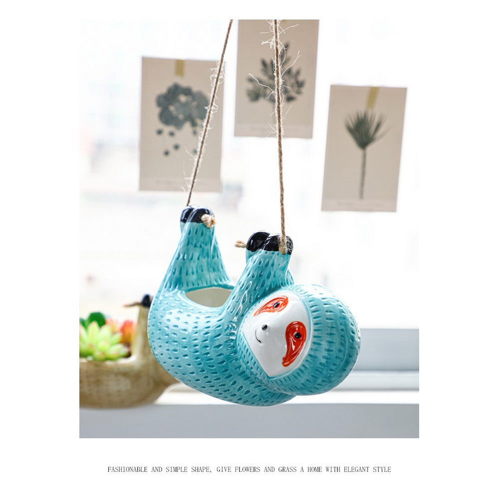 Sloth Hanging Planters Pots Cute Wall Planter Succulent Air Plants Cactus Ceramic Flower Pot-Blue