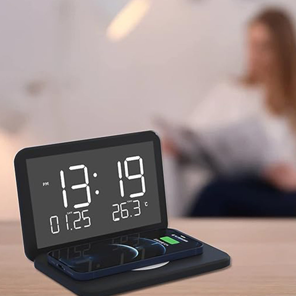 Digital Thermometer Alarm Clock Electric Wireless Charger for Wireless Charging Phone Black