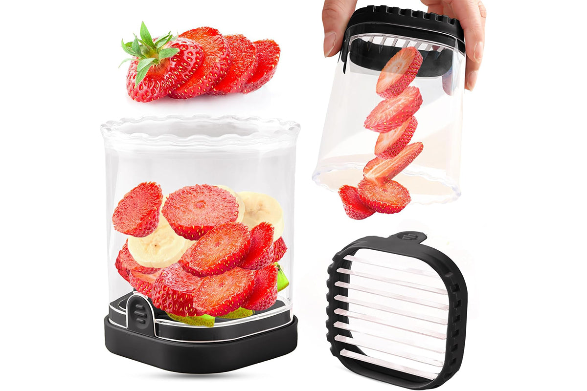 2-in-1 Kitchen Fruit Slicer Cup with Removable Blade and Push Plate for Strawberry Banana -Black