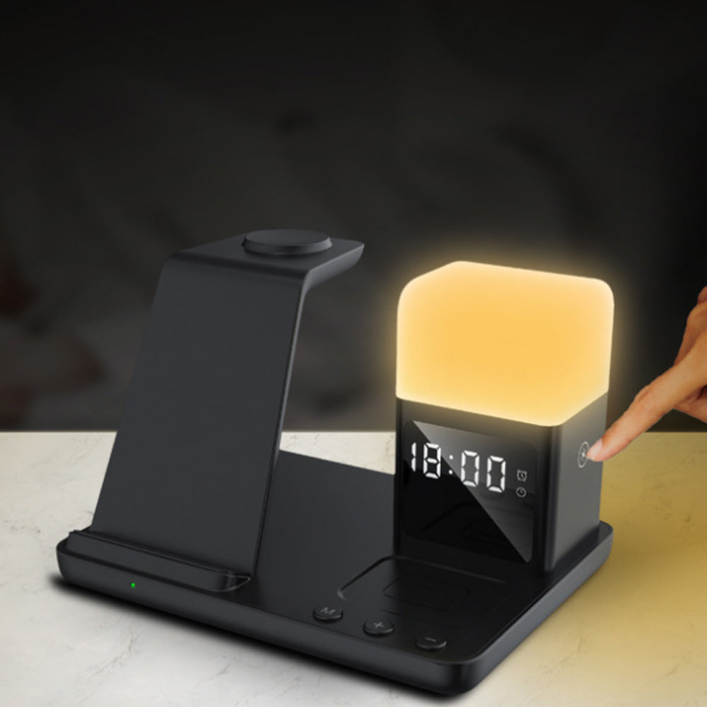 Wireless Charging Station with Alarm Clock Night Light 6-in-1 Charging Dock for Smartphone/Watch/Earbuds
