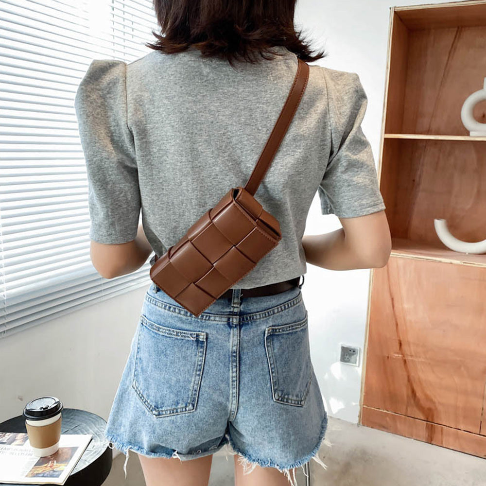 PU Leather Woven Style Crossbody Bag Small Shoulder Fanny Pack for Women Coffee
