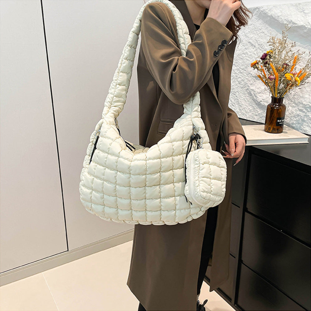 Puffer Tote Bag Quilted Puffy Crossbody Carryall Handbag White