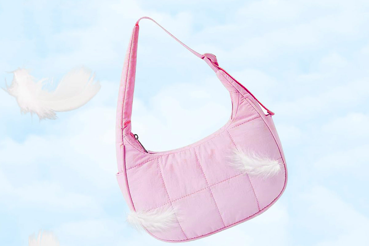 Puffer Crescent Shoulder Bag for Women Quilted Handbag with Adjustable Strap -Pink