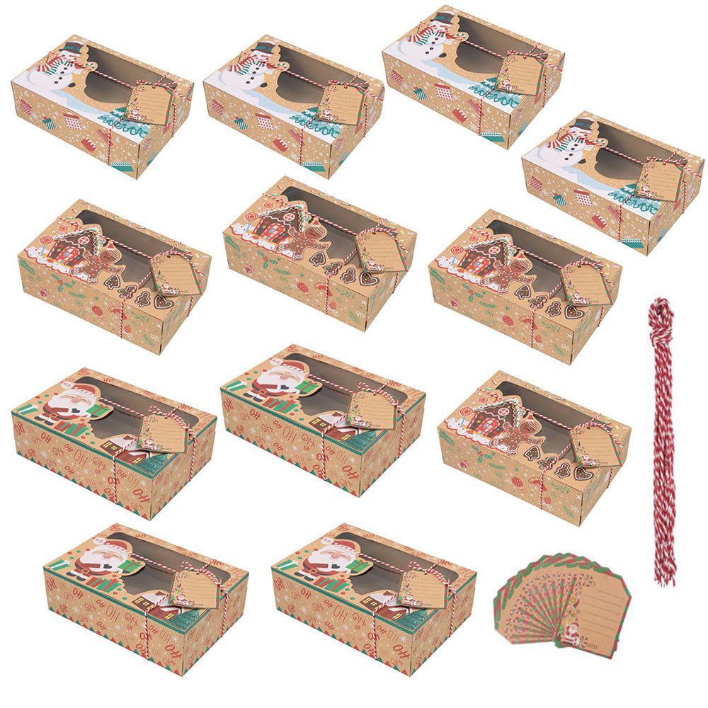 12Pcs Set Christmas Cookie Boxes with Clear Window Kraft Paper Candy Boxes