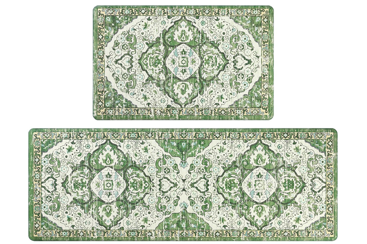 2Pcs Boho Anti-Fatigue Kitchen Mats Non-Slip Cushioned for Kitchen Sink Laundry -Green