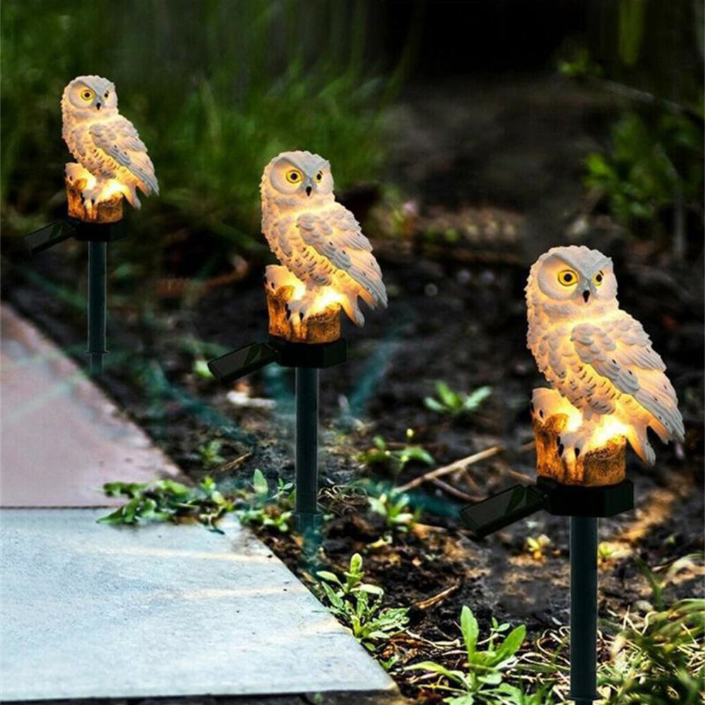 2pcs Owl Figure Solar LED Lights Resin Garden Waterproof Decorations with Stake for Outdoor Yard -White