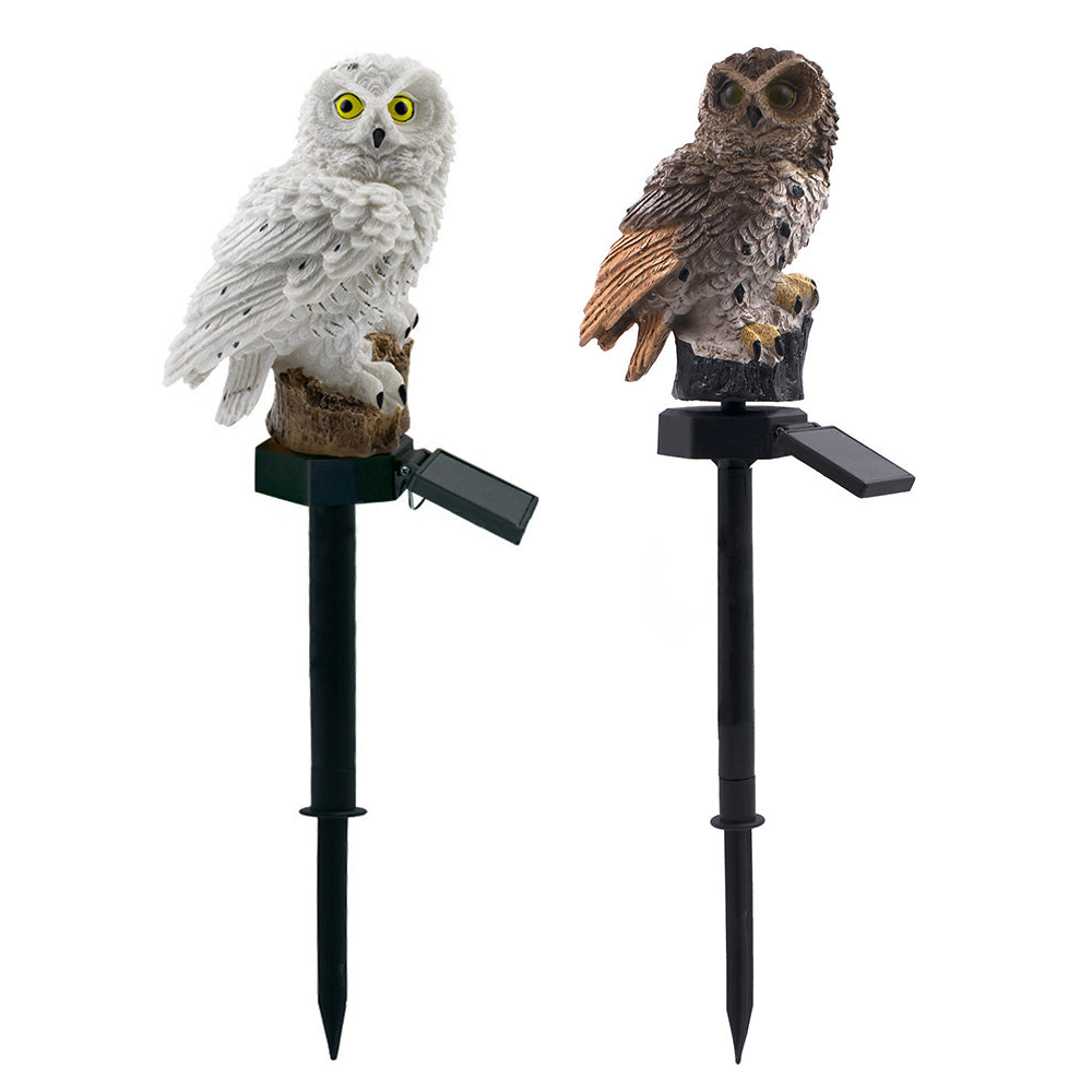 2pcs Owl Figure Solar LED Lights Resin Garden Waterproof Decorations with Stake for Outdoor Yard -White and Brown