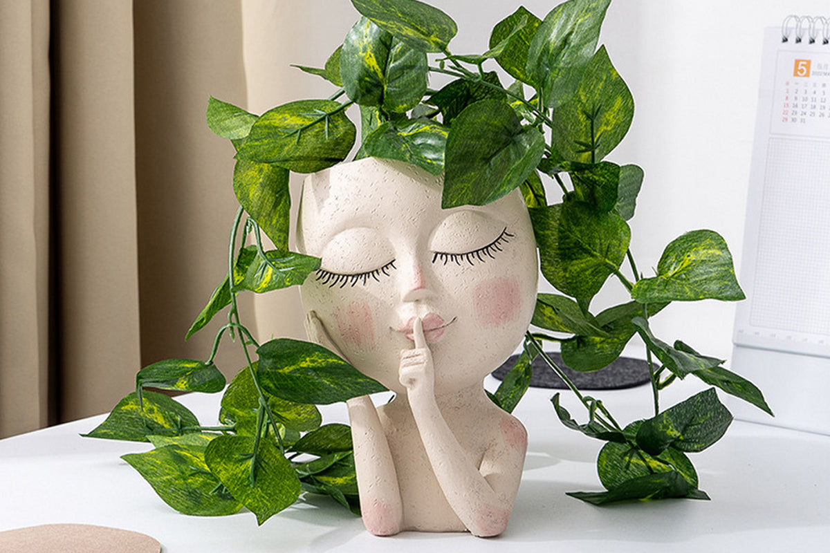Face Planter Indoor Outdoor Plants Resin Head Planter with Drainage Hole-White