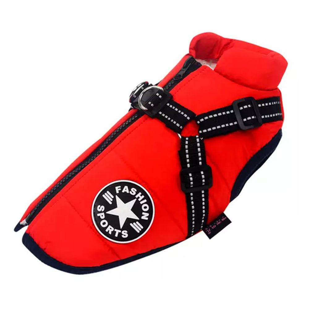 Dog Coat With Harness Winter Waterproof Reflective Warm Dog Coat-Red
