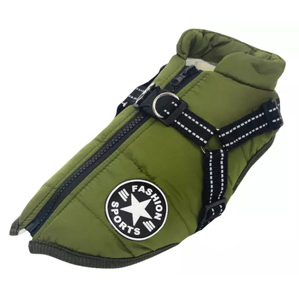 Dog Coat With Harness Winter Waterproof Reflective Warm Dog Coat-Green