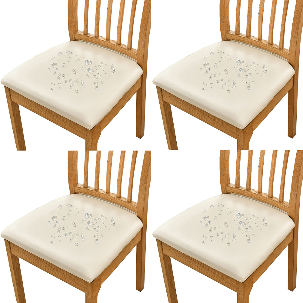 Chair Cover 4pcs PU Leather Stretch Chair Seat Cover Solid Waterproof Oilproof Dining Chair Slipcover Protector - Beige