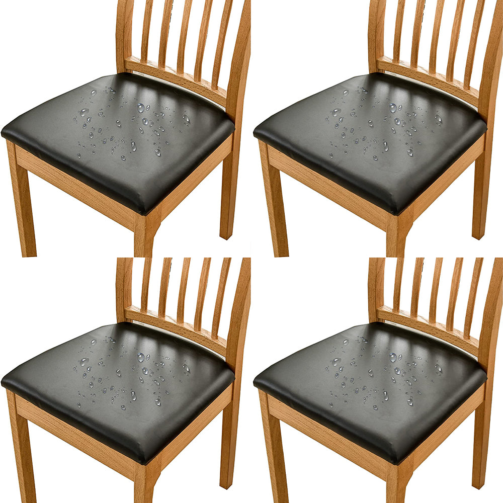 Chair Cover 4pcs PU Leather Stretch Chair Seat Cover Solid Waterproof Oilproof Dining Chair Slipcover Protector - Black