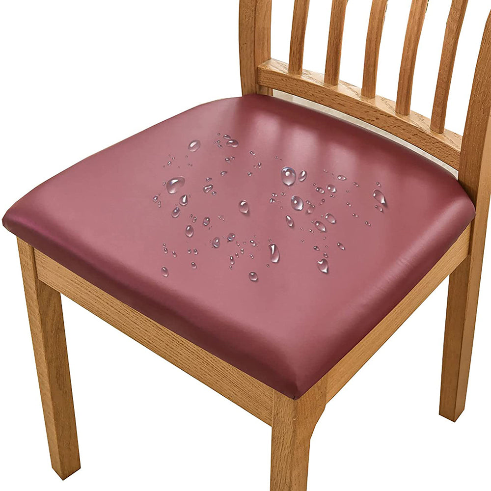 Chair Cover PU Leather Stretch Chair Seat Cover Solid Waterproof Oilproof Dining Chair Slipcover Protector - Wine Red
