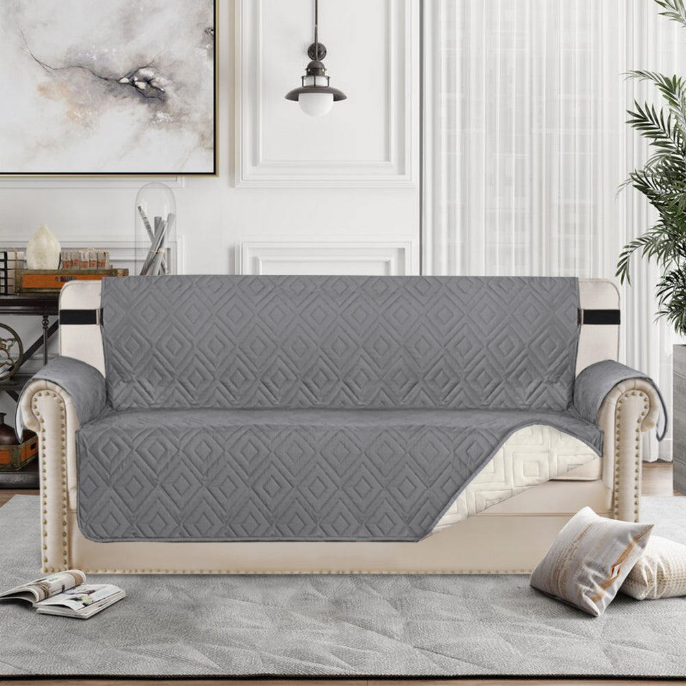 Waterproof Reversible Quilted Sofa Cover with Non Slip Strap for Four-seat Grey