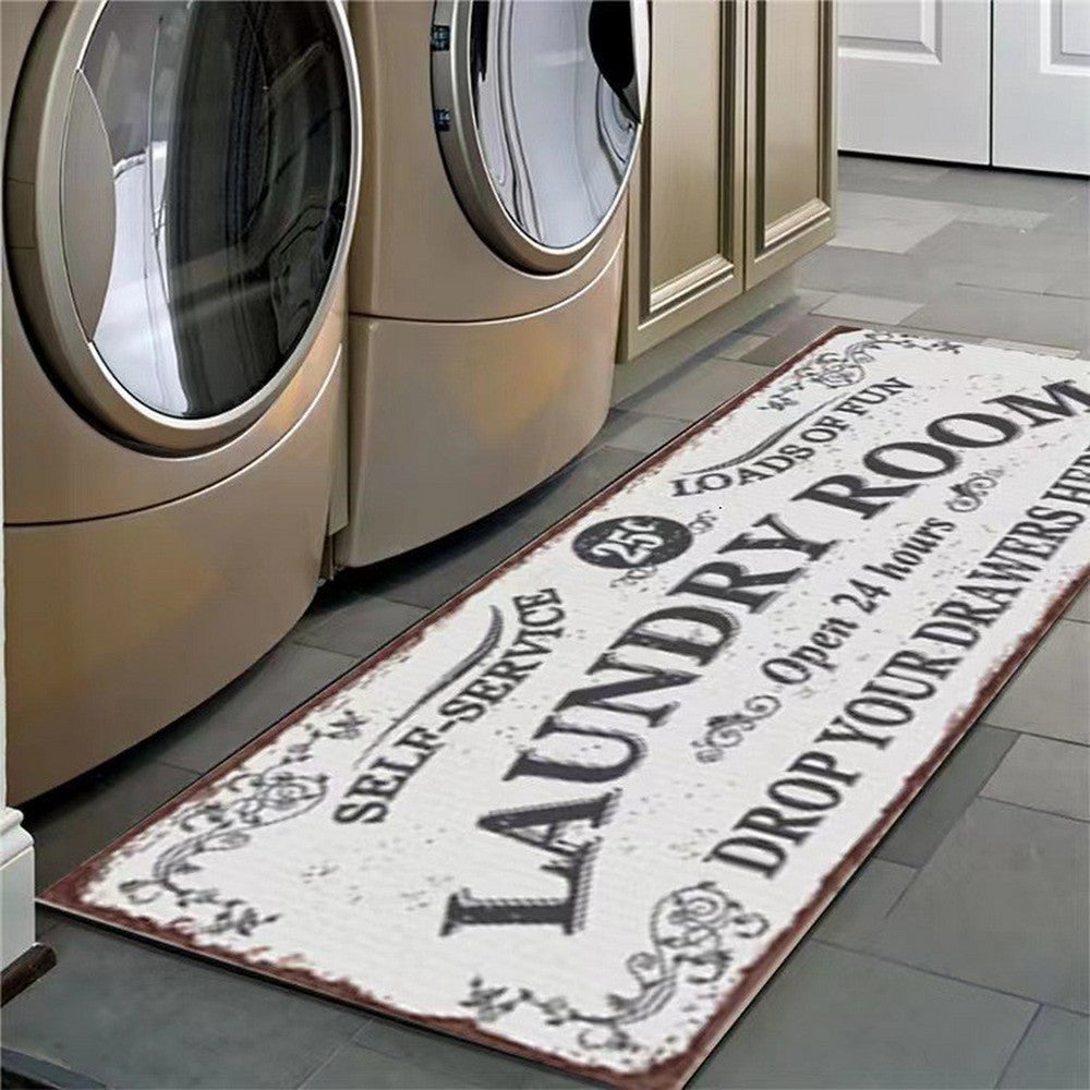 Farmhouse Laundry Room Rug Runner Non Slip Water Resistant Floor Mat Area Rug for Kitchen Room-Style1:Black letters Brown border