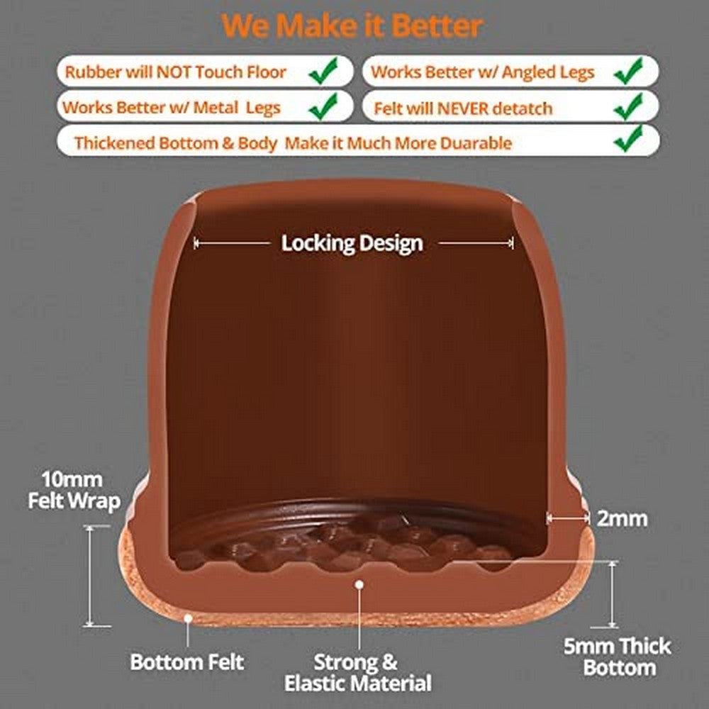 Set of 16X Extra Silicone Chair Leg Floor Protectors with Wrapped Felt-Square Brown Style