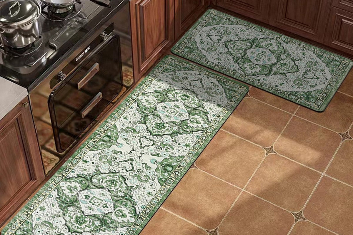 2Pcs Boho Anti-Fatigue Kitchen Mats Non-Slip Cushioned for Kitchen Sink Laundry -Green