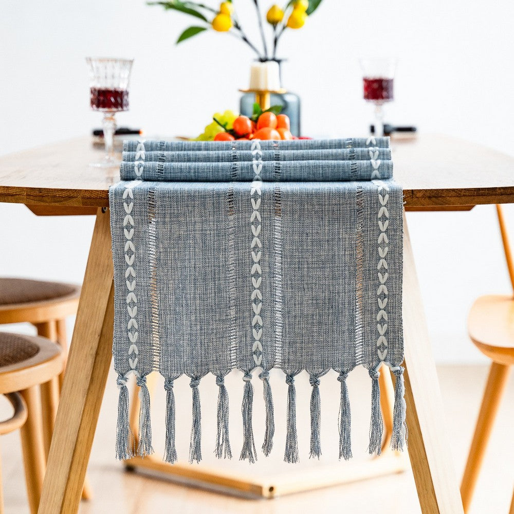 Farmhouse Table Runner Rustic Linen Boho Table Runner for Dining Christmas Party Holiday Decorations-Blue