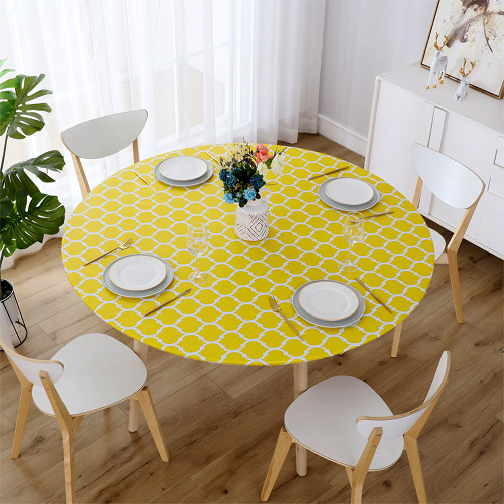 Round Fitted PVC Tablecloth Water Resistant Round Table Cover for Indoor Outdoor Patio -Yellow