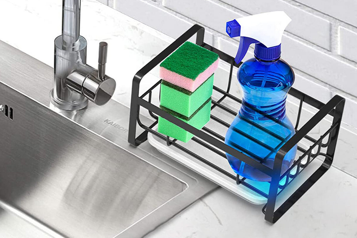 2Pcs Kitchen Sink Stainless Steel Sponge Holder With Brush Rack Removable Drain Tray-Black